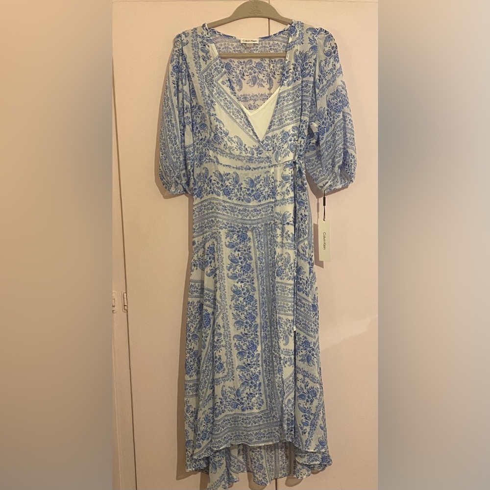 Calvin Klein Blue and Cream Patterned Midi Dress